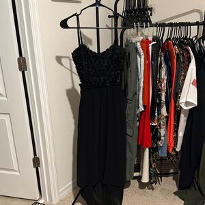 Black Spaghetti Strap Floral Appliqué Dress